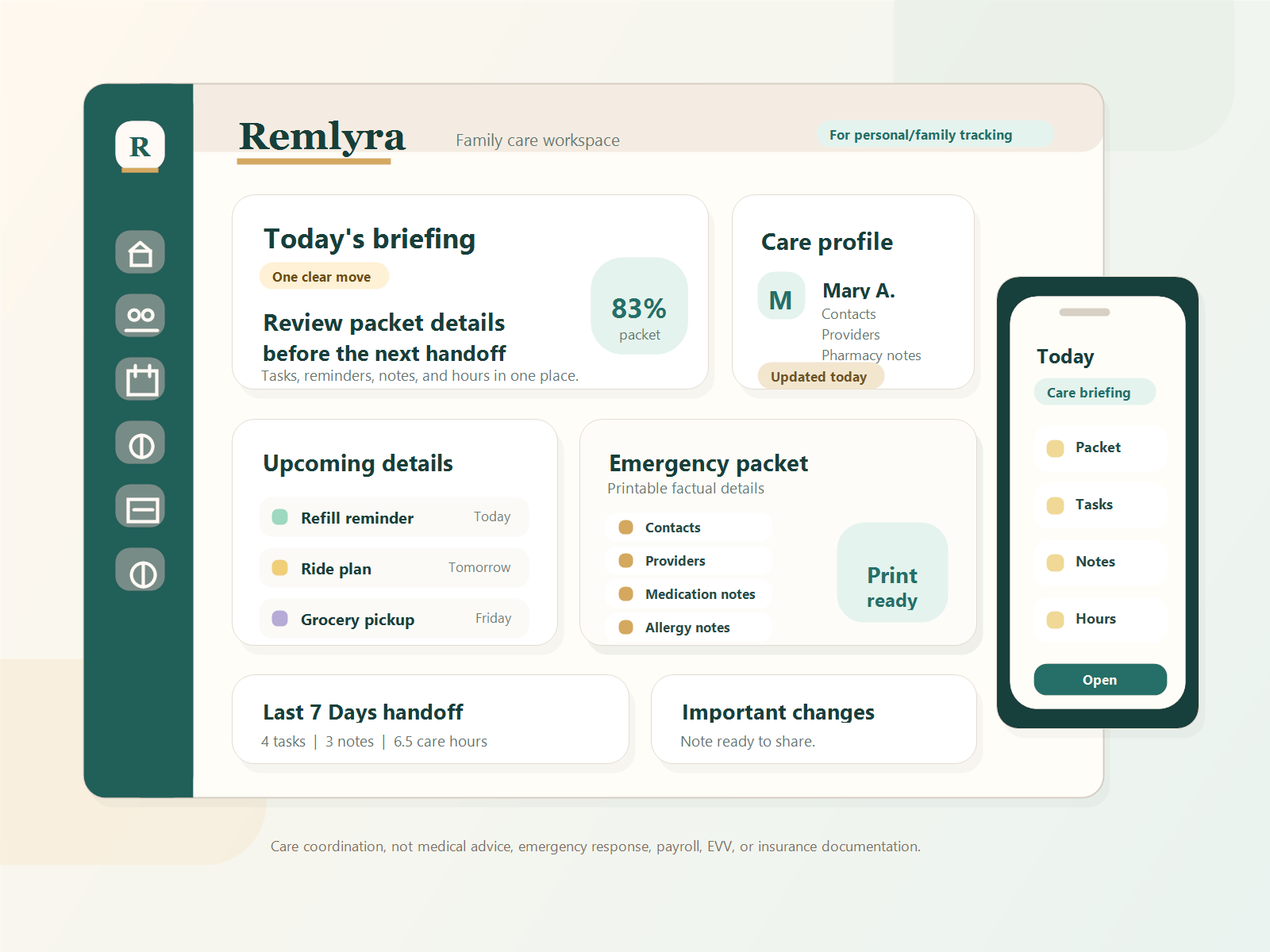 Remlyra family care coordination dashboard shown on desktop and mobile screens